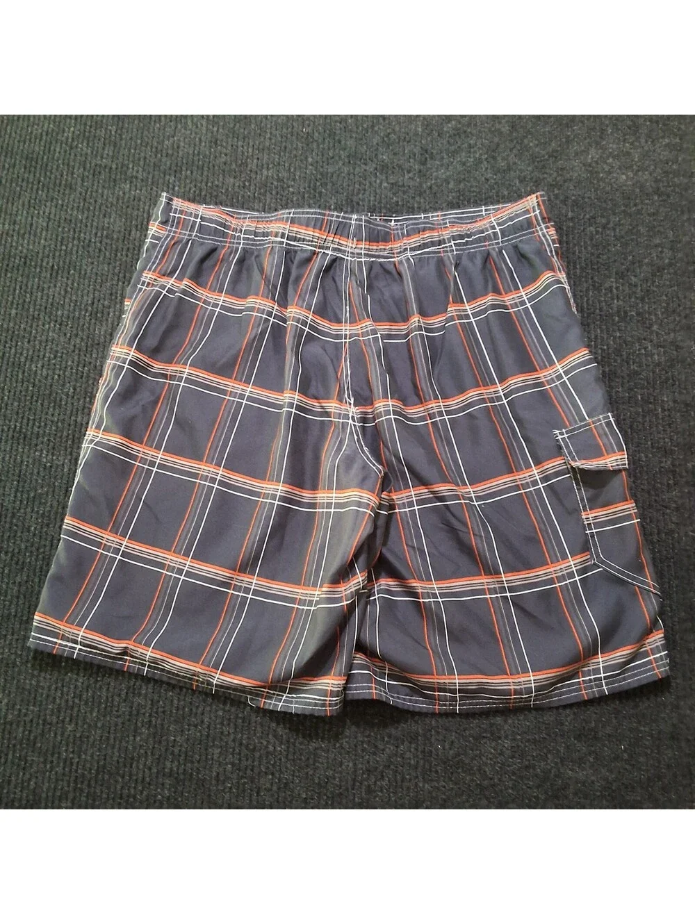 OP Men's Lined Swim Trunks Plaid Pattern Black and Orange Size L